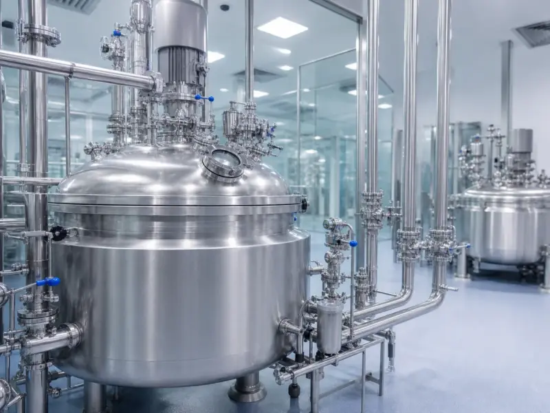 製藥廠生產區示意圖：不鏽鋼反應釜與管線