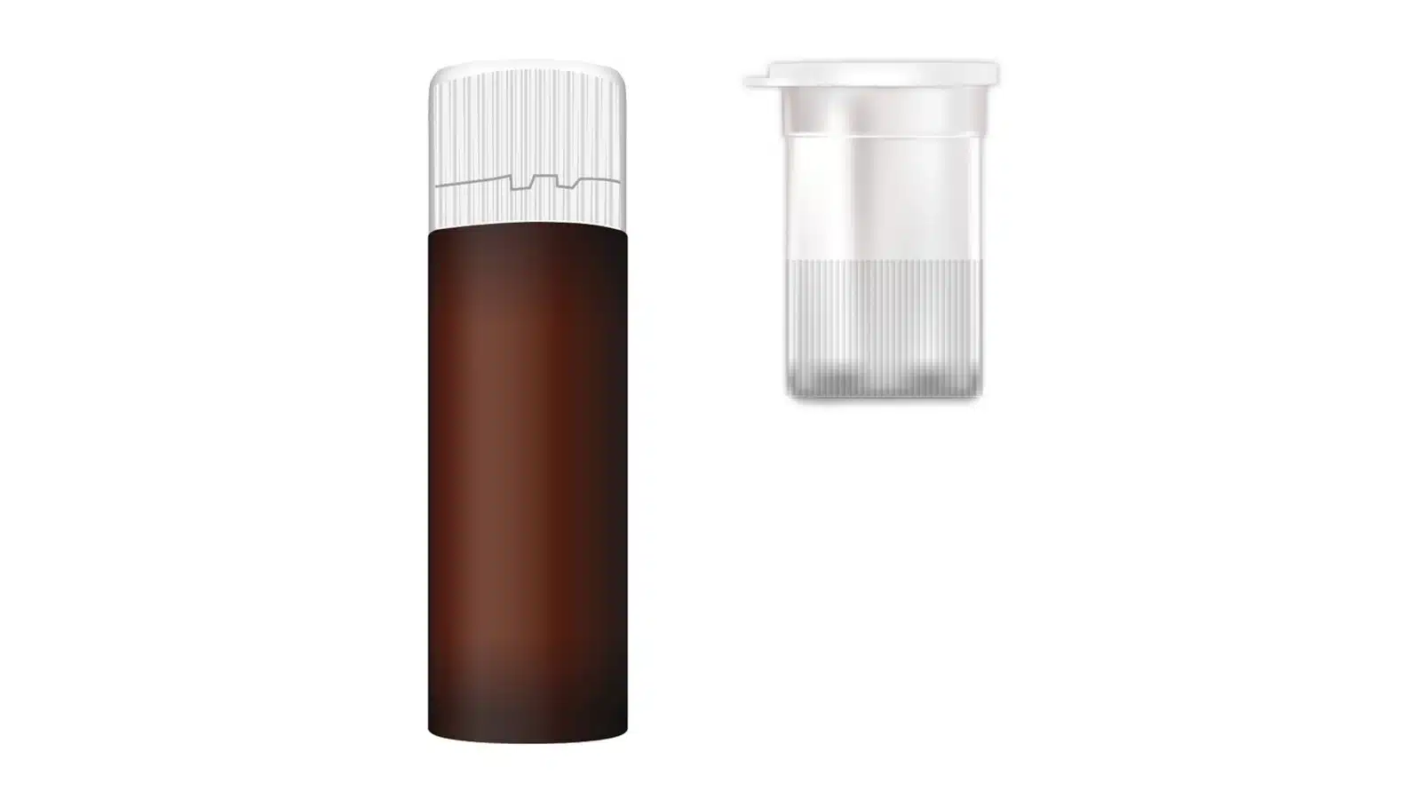 20ml 皇冠瓶產品示意圖:兩段式設計,上段透明腔室內含膠囊或錠劑、下段茶色瓶身裝 20ml 水劑