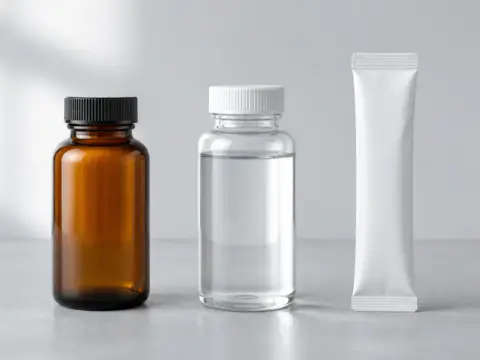 液態保健食品包材比較示意圖：琥珀玻璃瓶、透明塑膠瓶與條袋