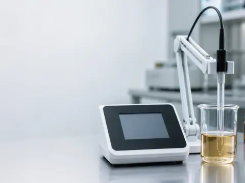 實驗室裡以 pH 計量測液態保健食品半成品的酸鹼值